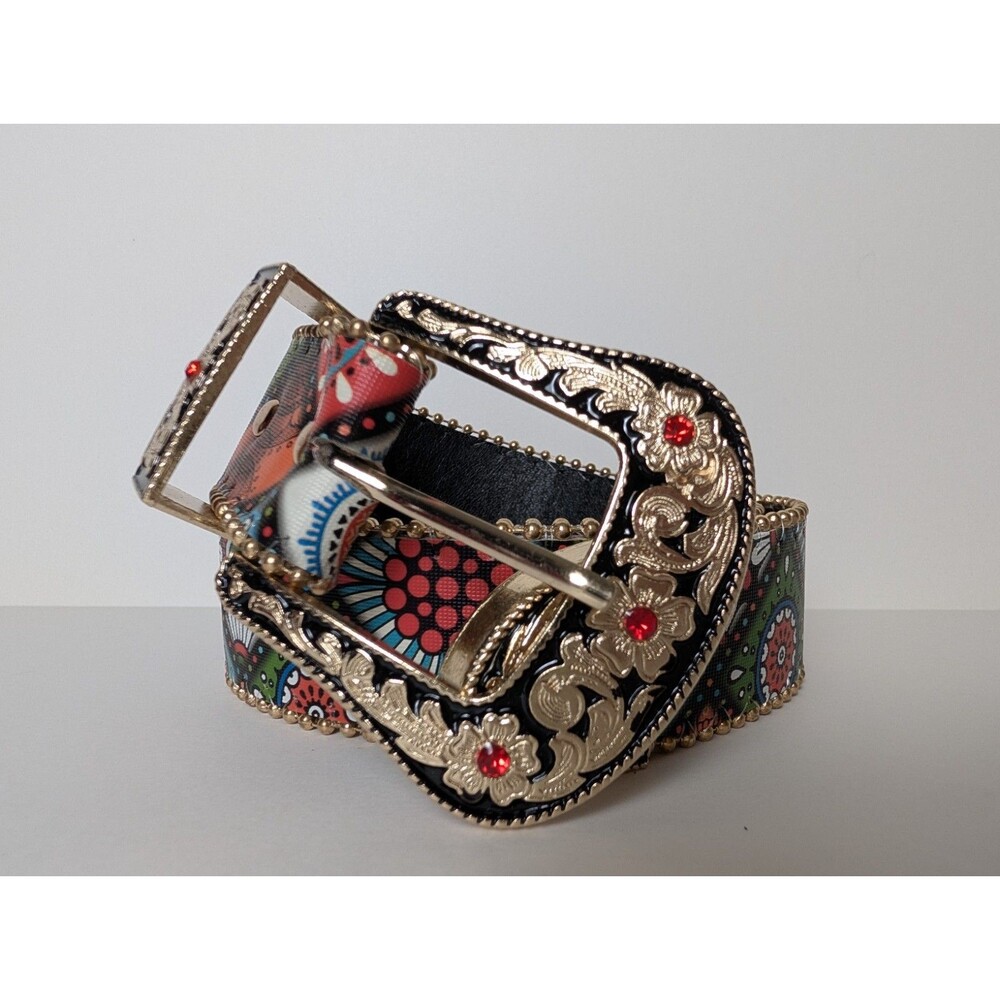 Woman's Belt Rhinestone Tapestry Boho Hippie Colorful Black Vegan Size 32 in